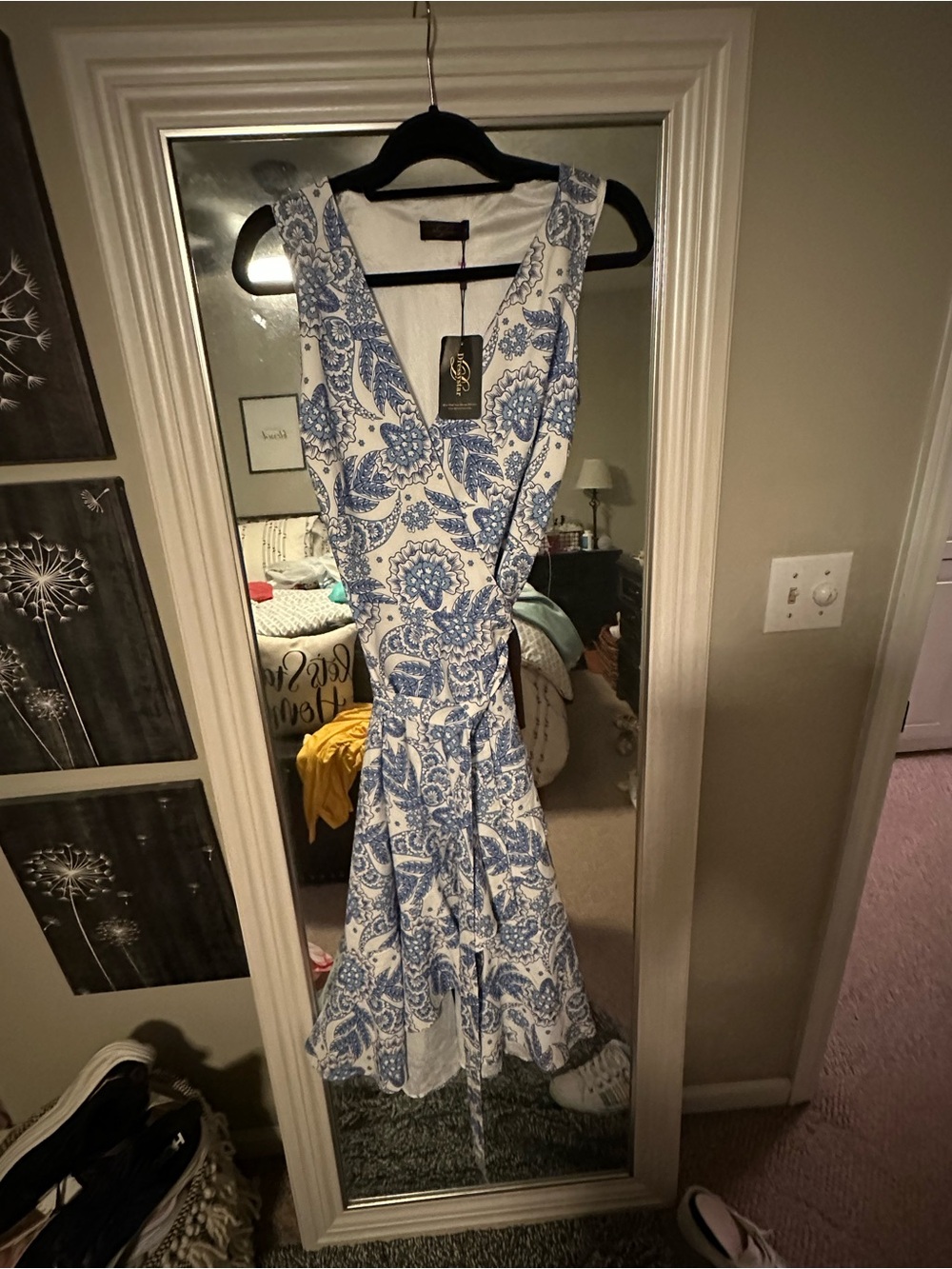 Dressystar Women’s Blue & White Floral  V-Neck Sleeveless Wrap Dress Size M